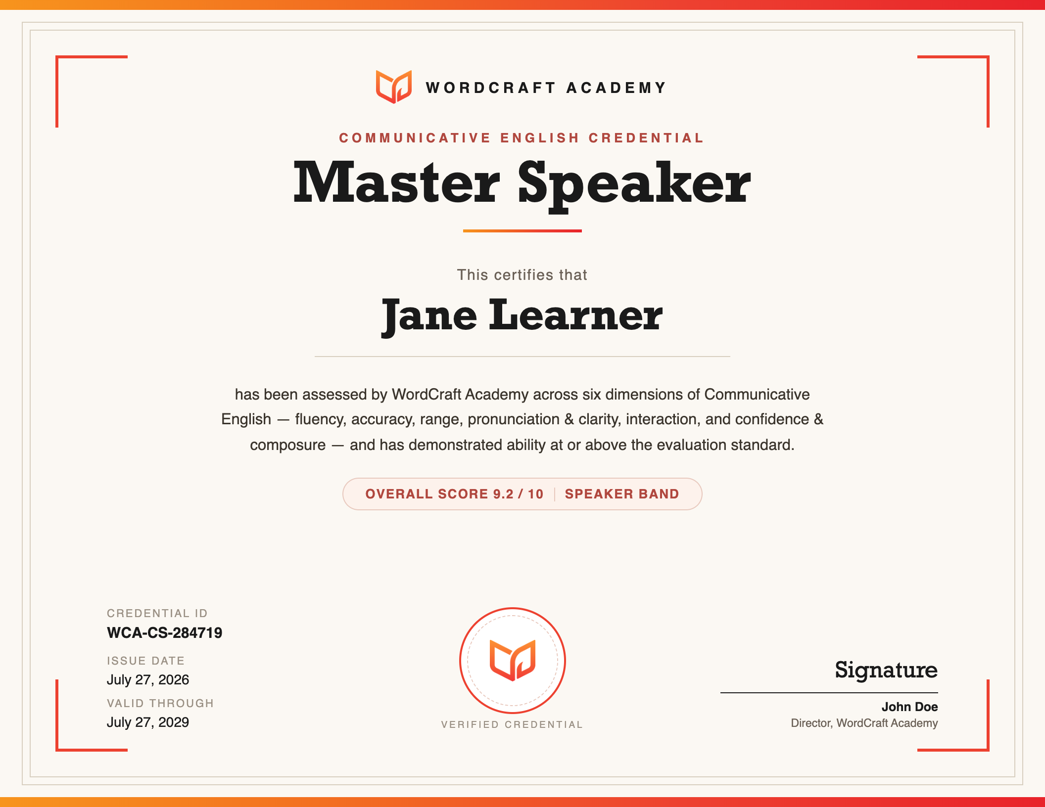 WordCraft Certified Speaker credential showing Master Speaker distinction